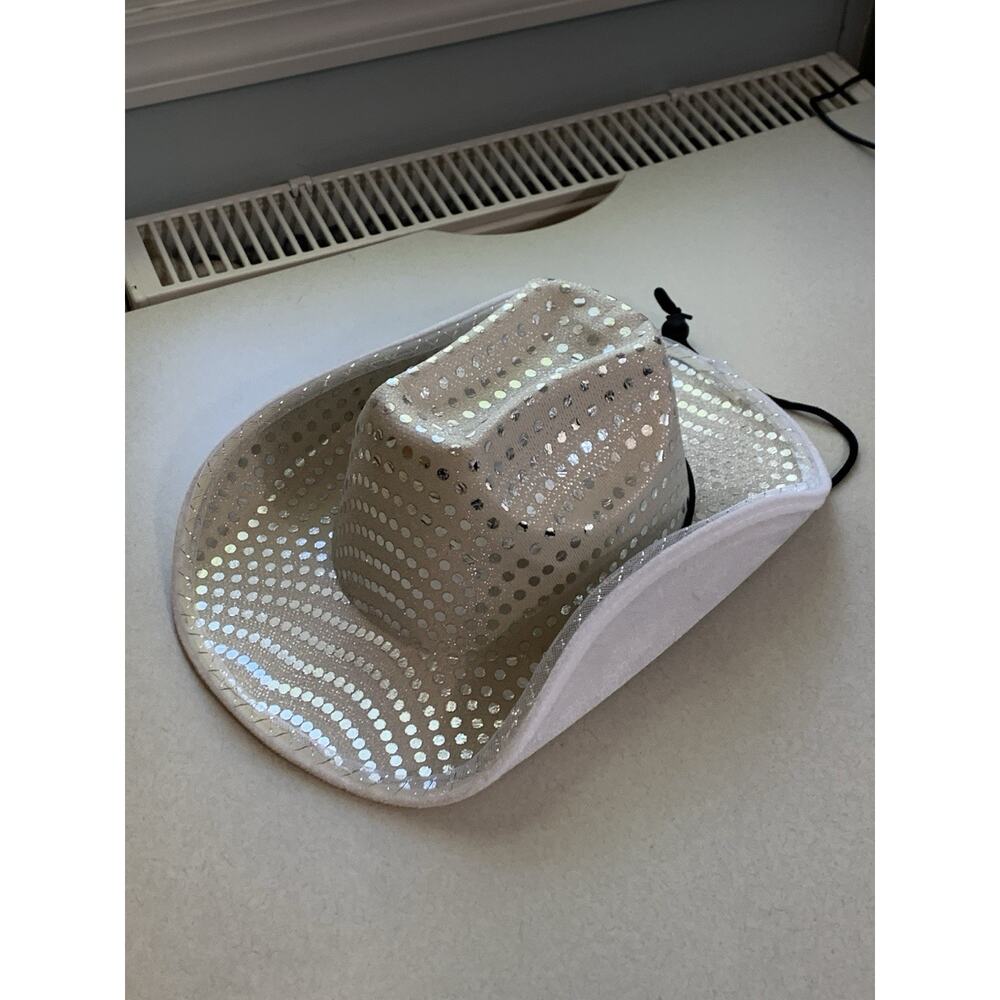 White Silver Sequin Light Up Cowboy Hat Adult Cowgirl Halloween Party Costume - Picture 7 of 14